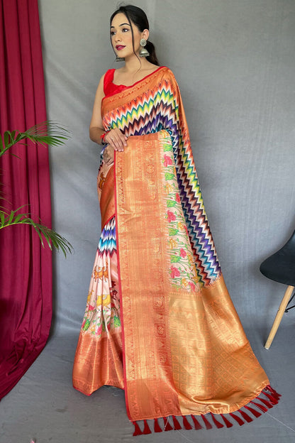 Oyster Pink Kalamkari Printed Soft Silk Saree