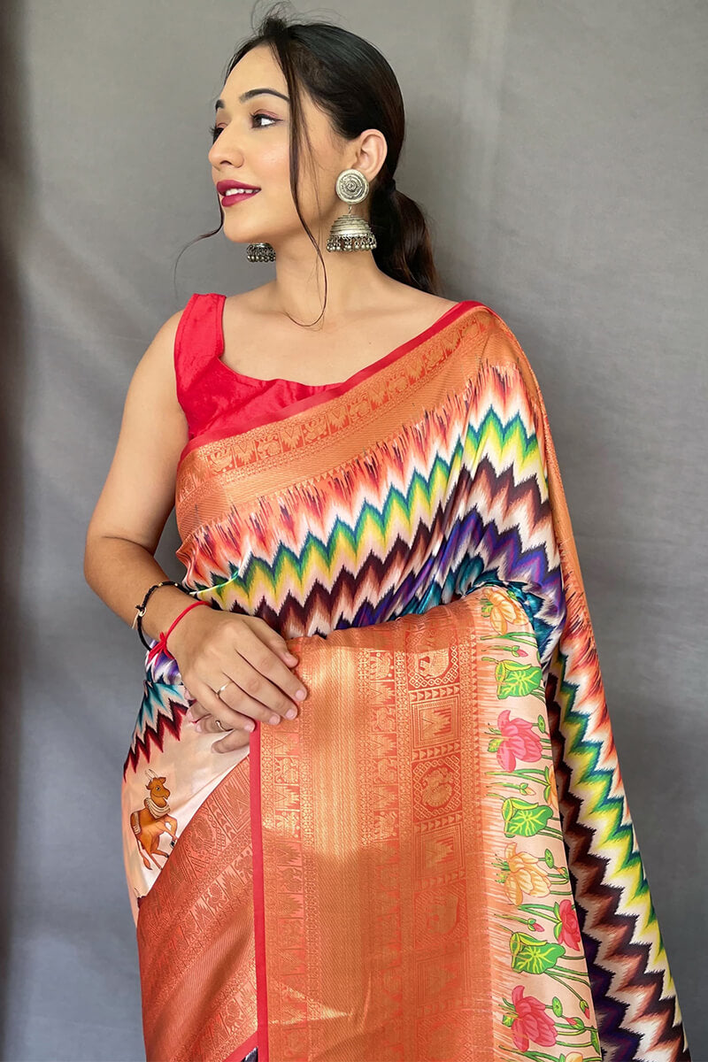 Oyster Pink Kalamkari Printed Soft Silk Saree