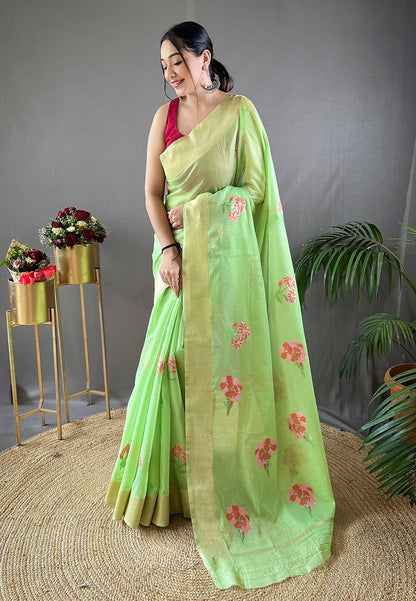 Pale Green Embroidered Work Cotton Saree