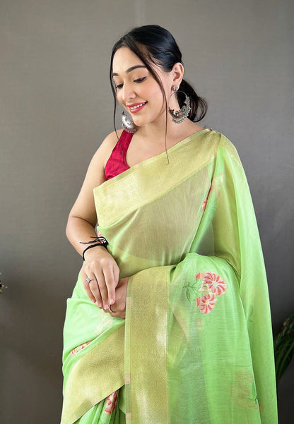 Pale Green Embroidered Work Cotton Saree