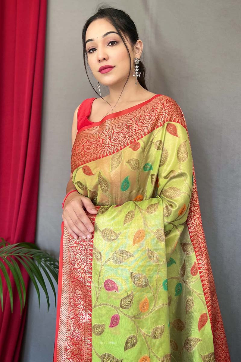 Pale Olive Green Banarasi Tissue Silk Saree