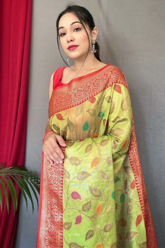 Pale Olive Green Banarasi Tissue Silk Saree