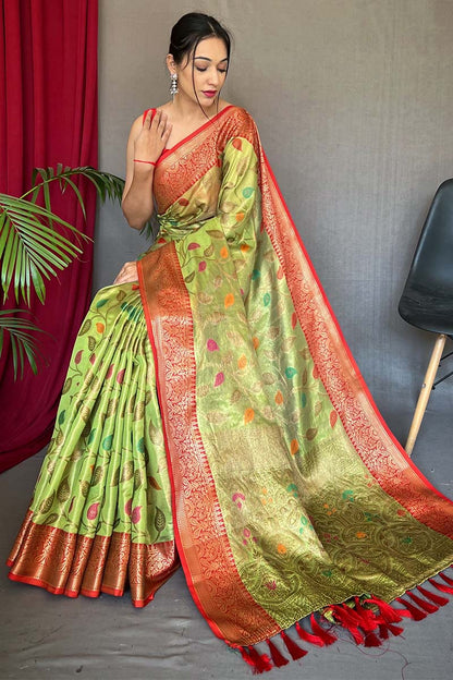 Pale Olive Green Banarasi Tissue Silk Saree