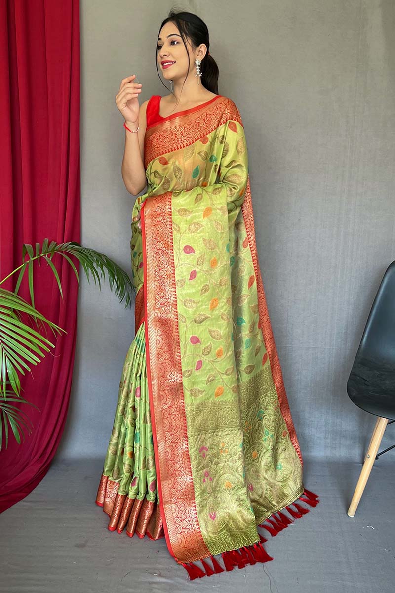 Pale Olive Green Banarasi Tissue Silk Saree