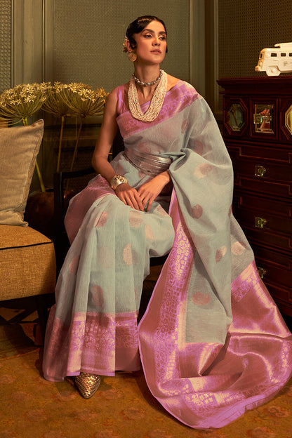 Pale Sky Blue Linen Silk Saree