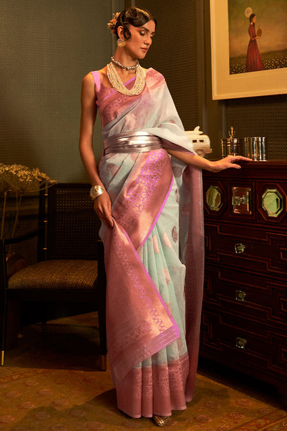 Pale Sky Blue Linen Silk Saree