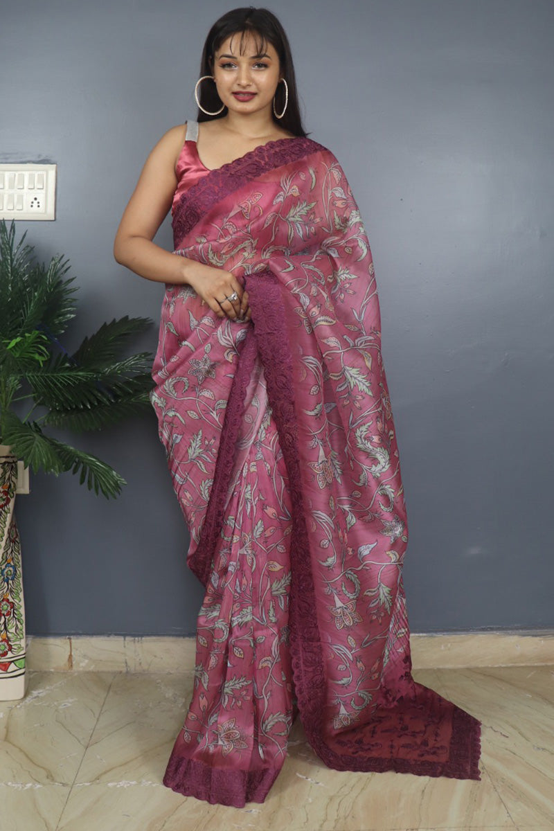 Pansy Purple Kalamkari Printed Organza Silk Saree
