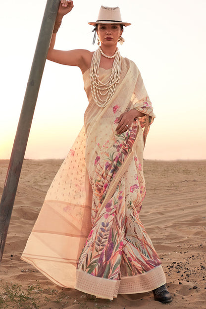 Pavlova Beige Printed Linen silk saree