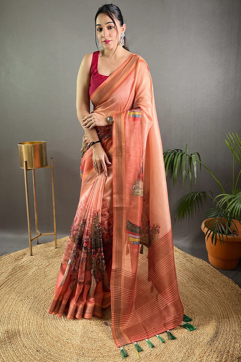 Peachy Pink Kalamkari Printed Soft Silk Saree