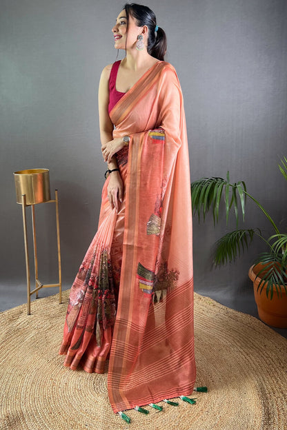 Peachy Pink Kalamkari Printed Soft Silk Saree
