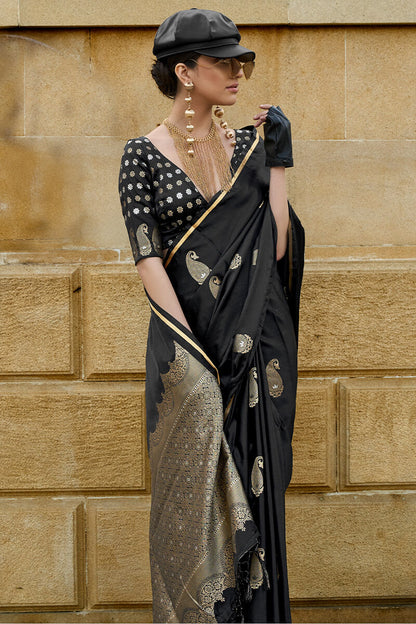Pearl Black Banarasi Satin Silk Saree