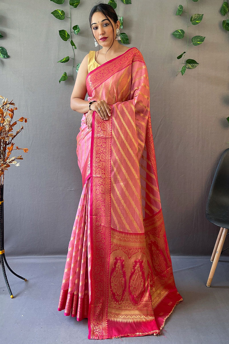 Persian Pink Zari Woven Organza Silk Saree