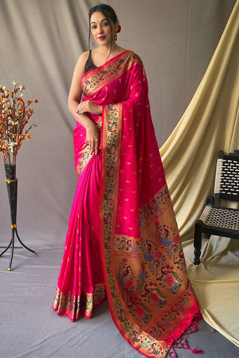 Persian Rose Pink Zari Woven Paithani Silk Saree