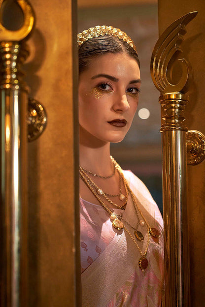 Petite Pink Satin Banarsi Silk Saree