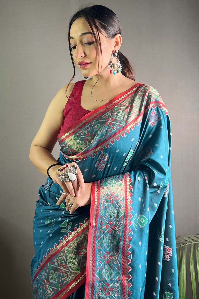 Picton Blue Patola Silk Saree