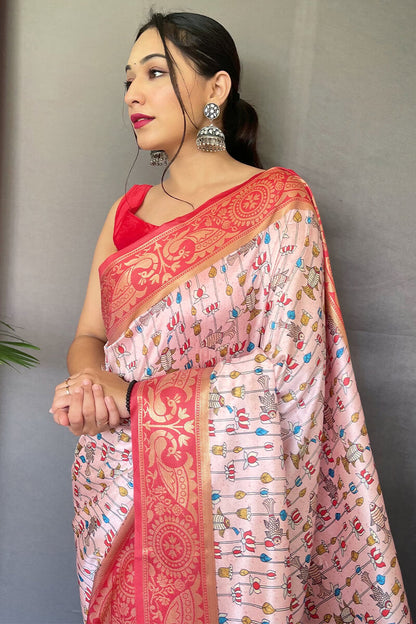 Pig Pink Kalamkari Printed Silk Saree