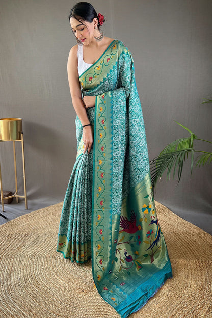 Pine Green Lucknowi Woven Paithani Silk Saree