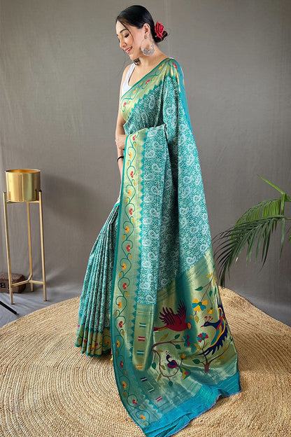 Pine Green Lucknowi Woven Paithani Silk Saree