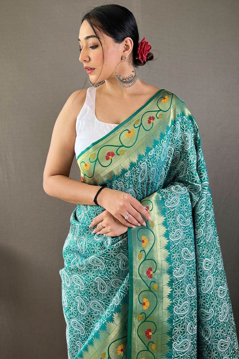 Pine Green Lucknowi Woven Paithani Silk Saree