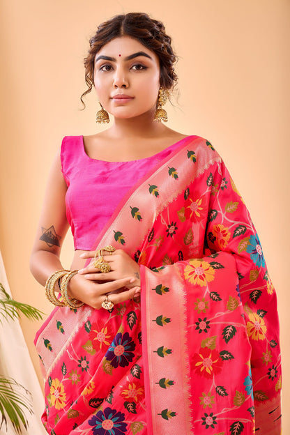 Peachish Pink Paithani Silk Saree with Royal Jaal Work