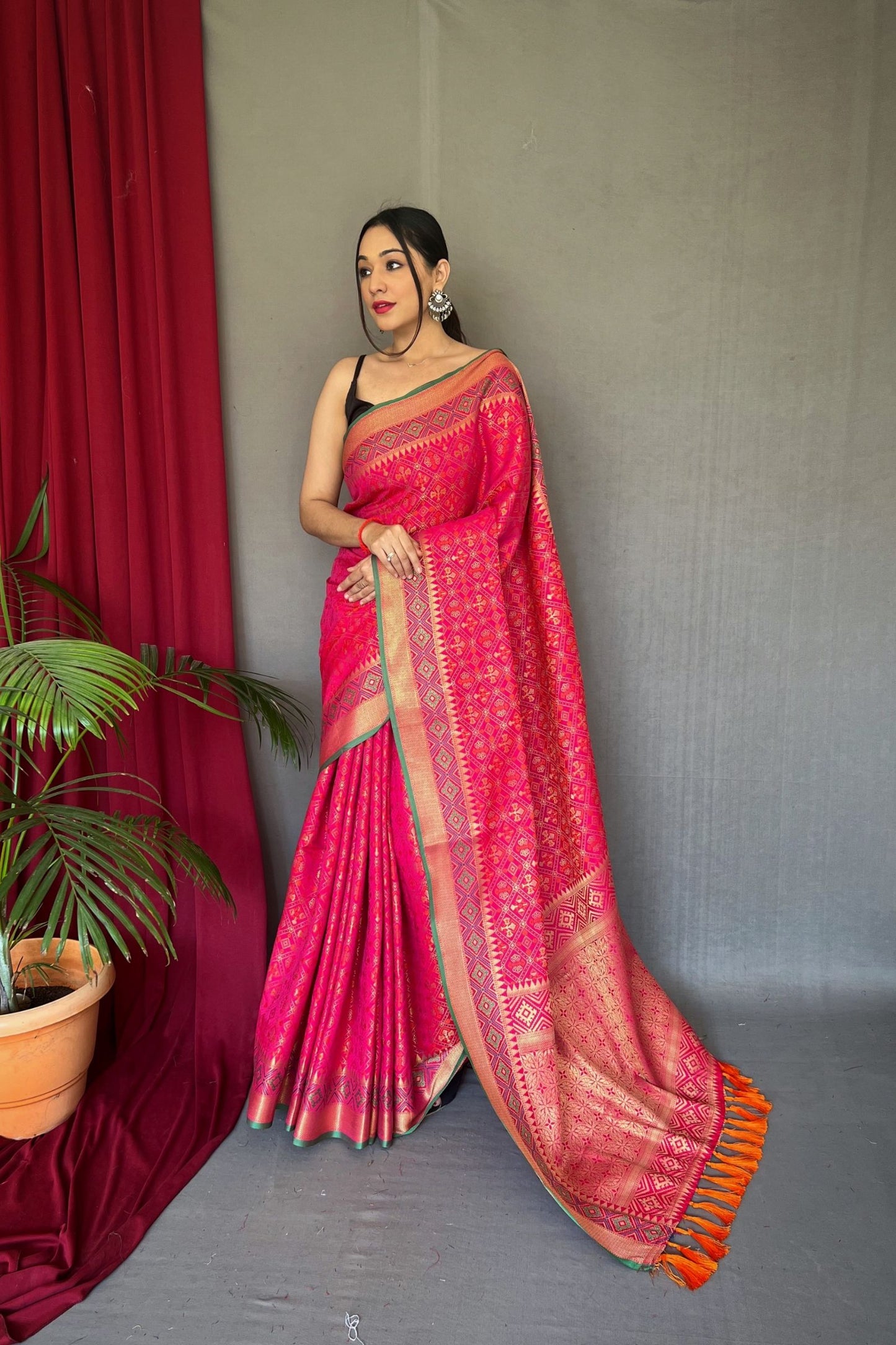 Bright Pink Meenakari Zari Weaving Patola Silk Saree