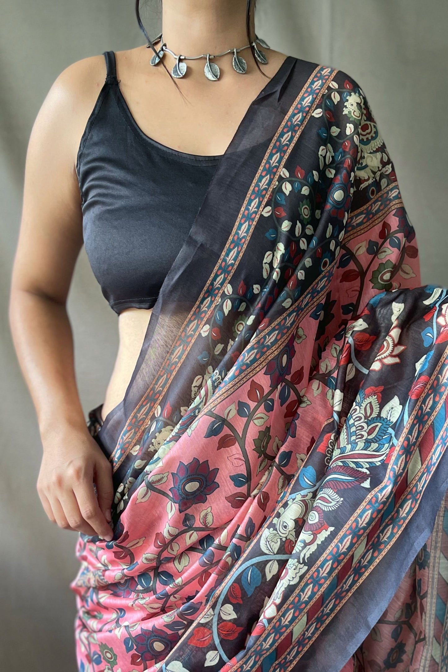 Coral Pink Kalamkari Digital Printed Soft Cotton Saree