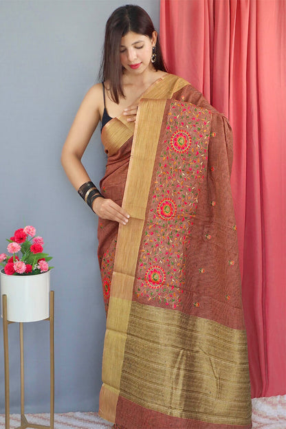 Pinkish Brown Embroidered Work Linen Saree