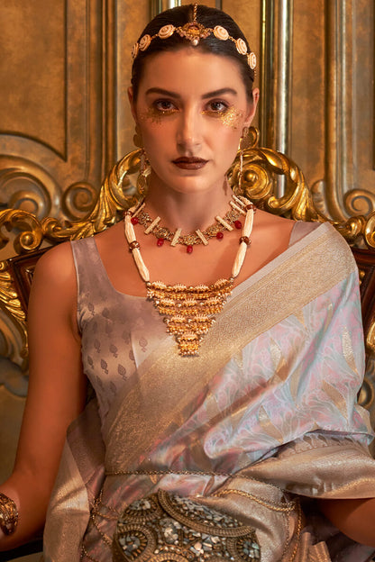 Pinkish Grey Satin Banarsi Silk Saree