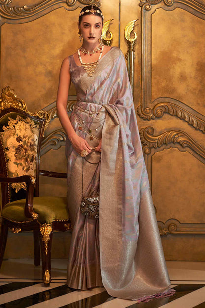 Pinkish Grey Satin Banarsi Silk Saree
