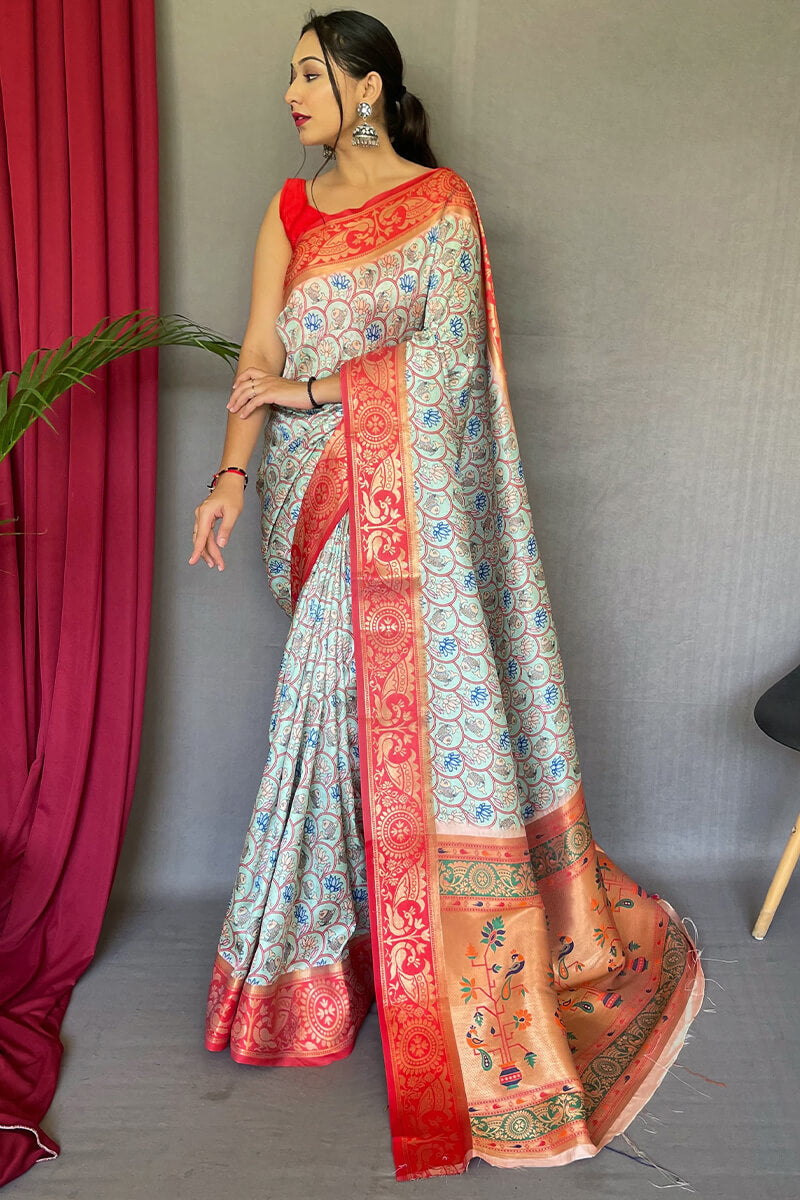 Powder Blue Kalamkari Printed Silk Saree
