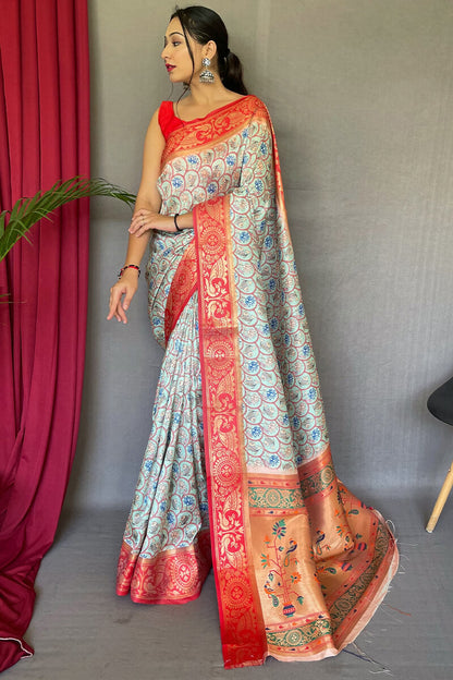 Powder Blue Kalamkari Printed Silk Saree