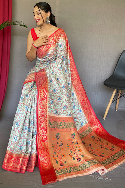 Powder Blue Kalamkari Printed Silk Saree