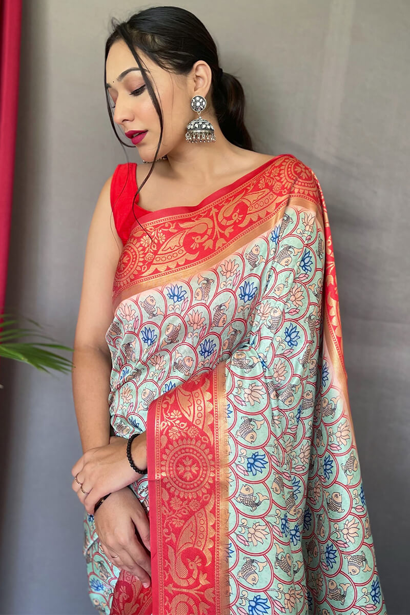 Powder Blue Kalamkari Printed Silk Saree