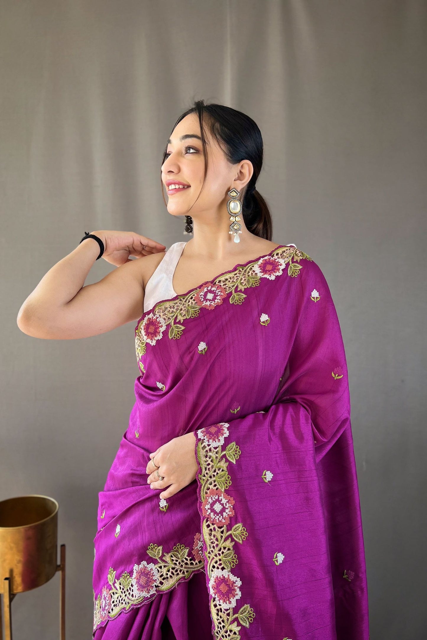 Purple Embroidered Pure Tussar Silk Saree