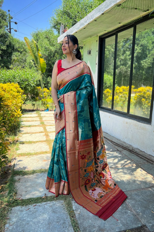 Rama Zari Woven Soft Paithani Silk Saree with Traditional Pattern
