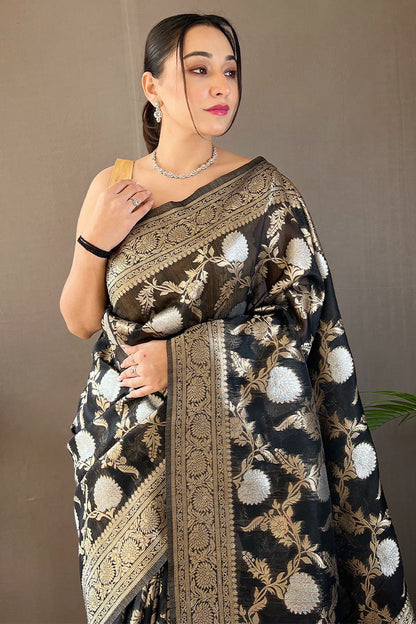 Rich Black Zari Woven Linen Silk Saree