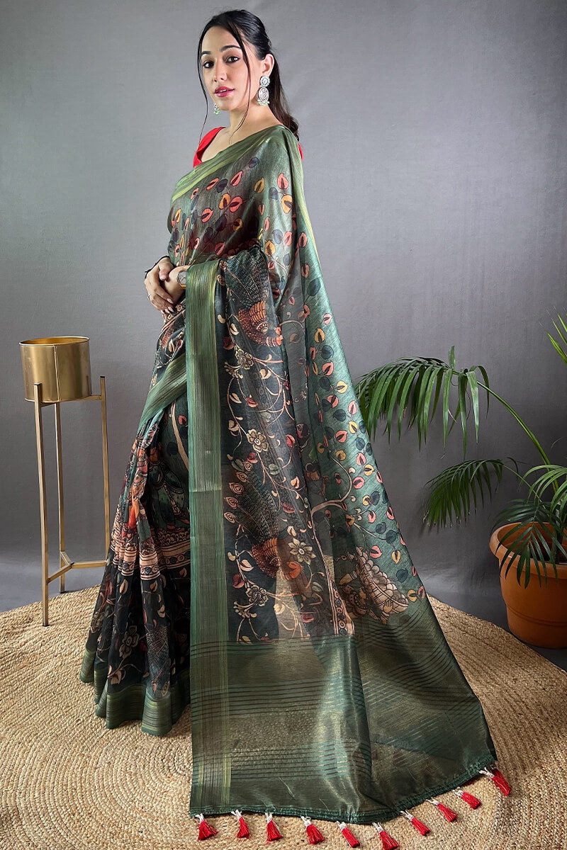 Rifle Green Kalamkari Printed Soft Silk Saree