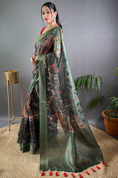 Rifle Green Kalamkari Printed Soft Silk Saree