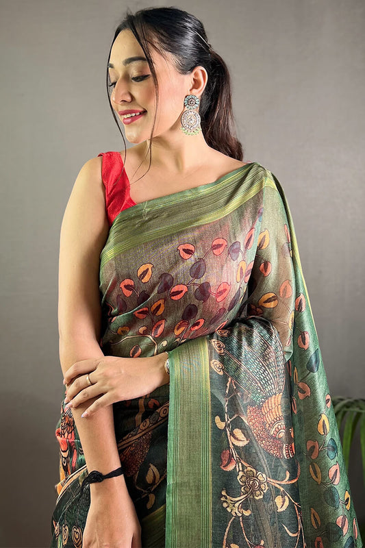 Rifle Green Kalamkari Printed Soft Silk Saree