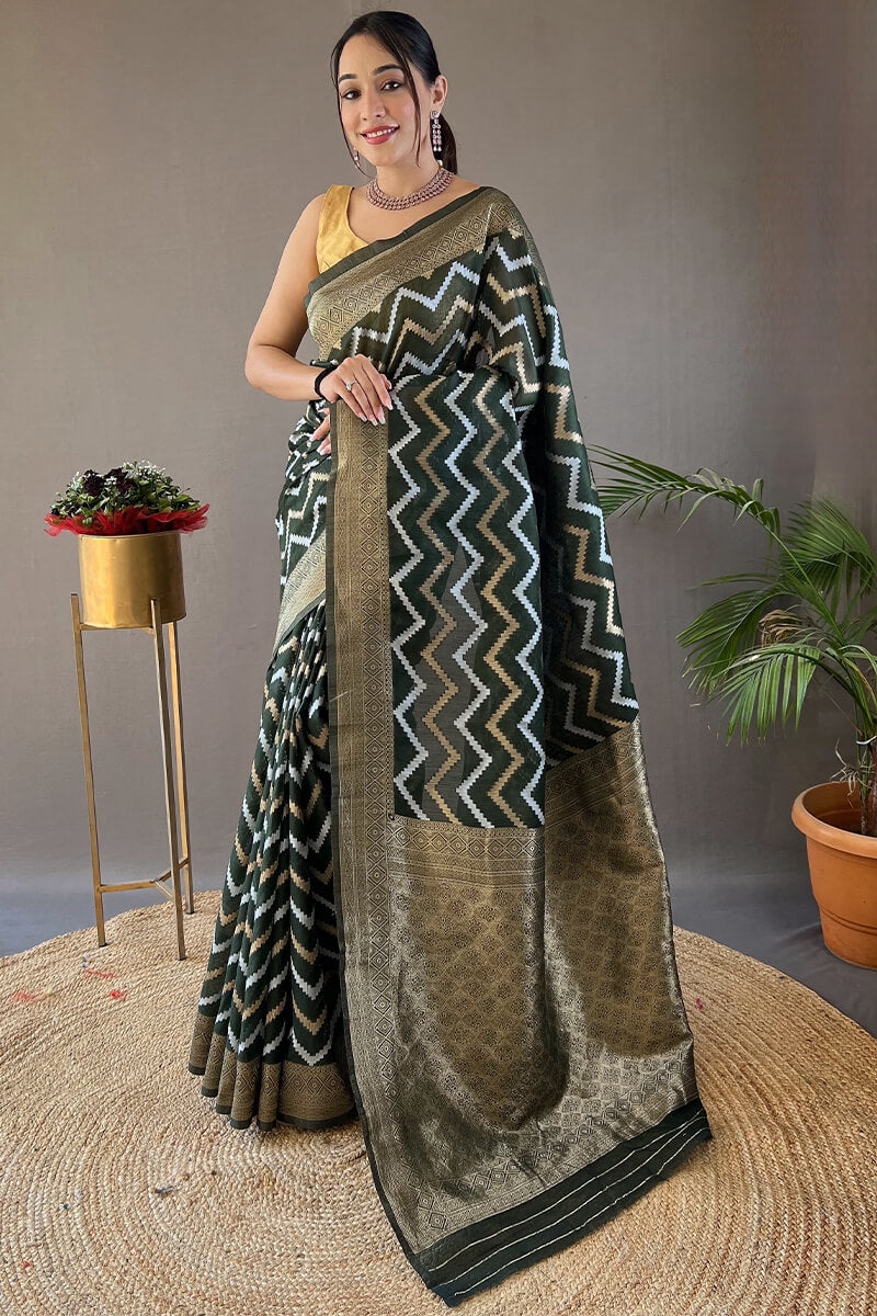 Rifle Green Zari Woven Linen Cotton Silk Saree
