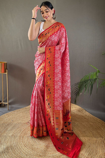 Scarlet Red Lucknowi Woven Paithani Silk Saree