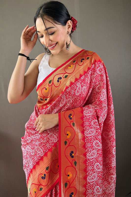 Scarlet Red Lucknowi Woven Paithani Silk Saree