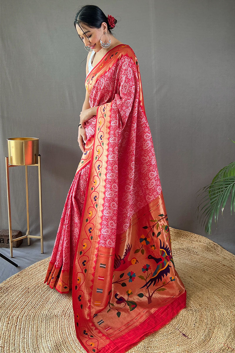 Scarlet Red Lucknowi Woven Paithani Silk Saree