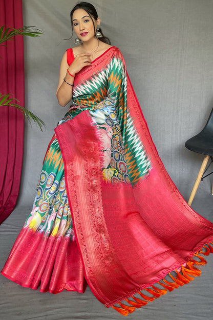 Seaweed Green Kalamkari Printed Soft Silk Saree