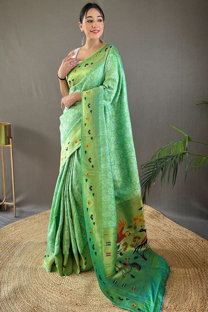 Shadow Green Lucknowi Woven Paithani Silk Saree