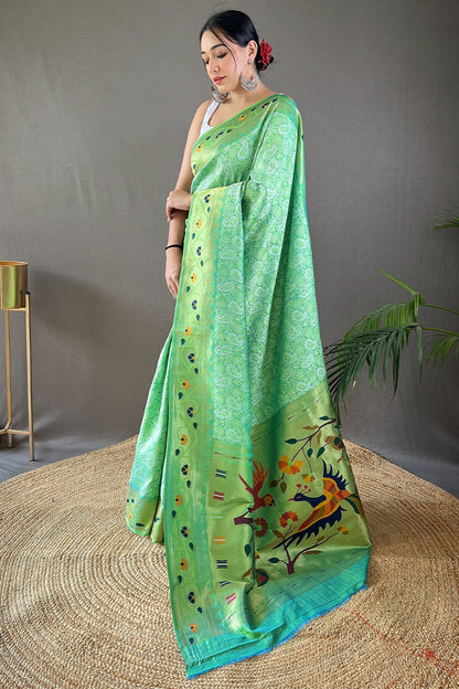 Shadow Green Lucknowi Woven Paithani Silk Saree