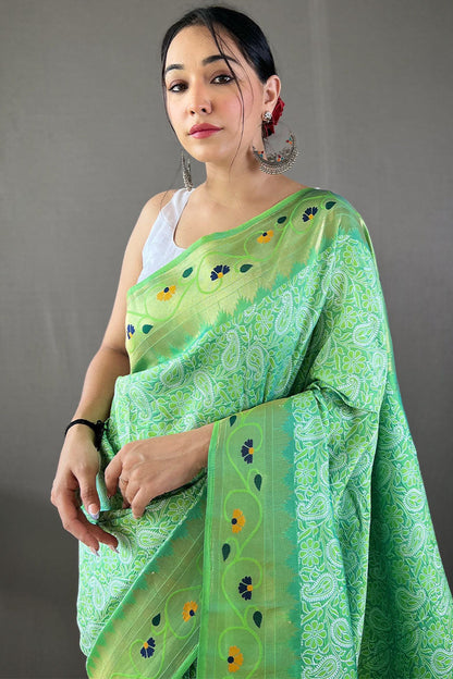 Shadow Green Lucknowi Woven Paithani Silk Saree