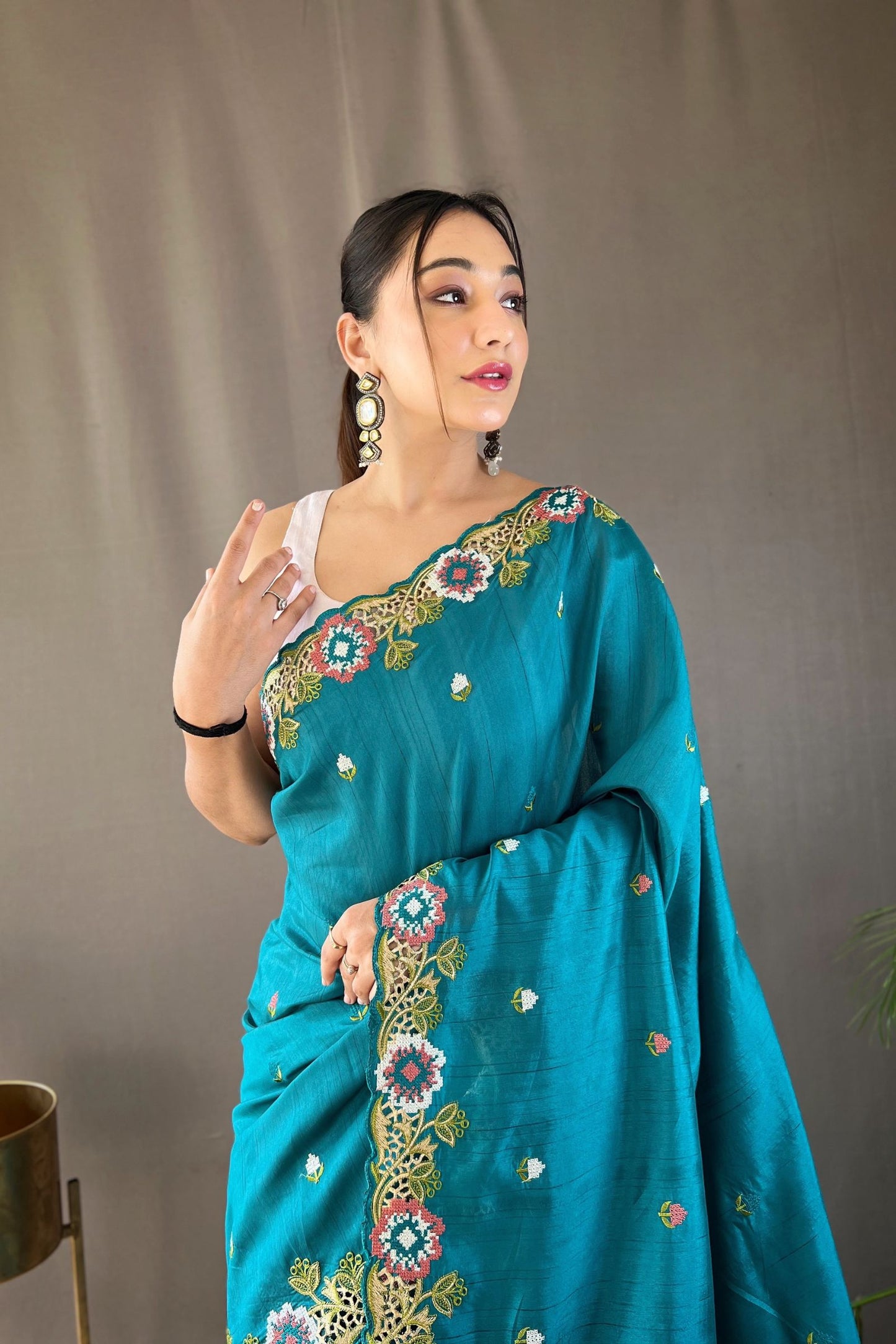 Ocean Blue Embroidered Pure Tussar Silk Saree