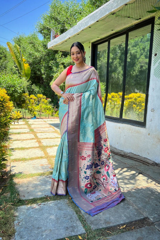 Sky Zari Woven Soft Paithani Silk Saree with Traditional Pattern