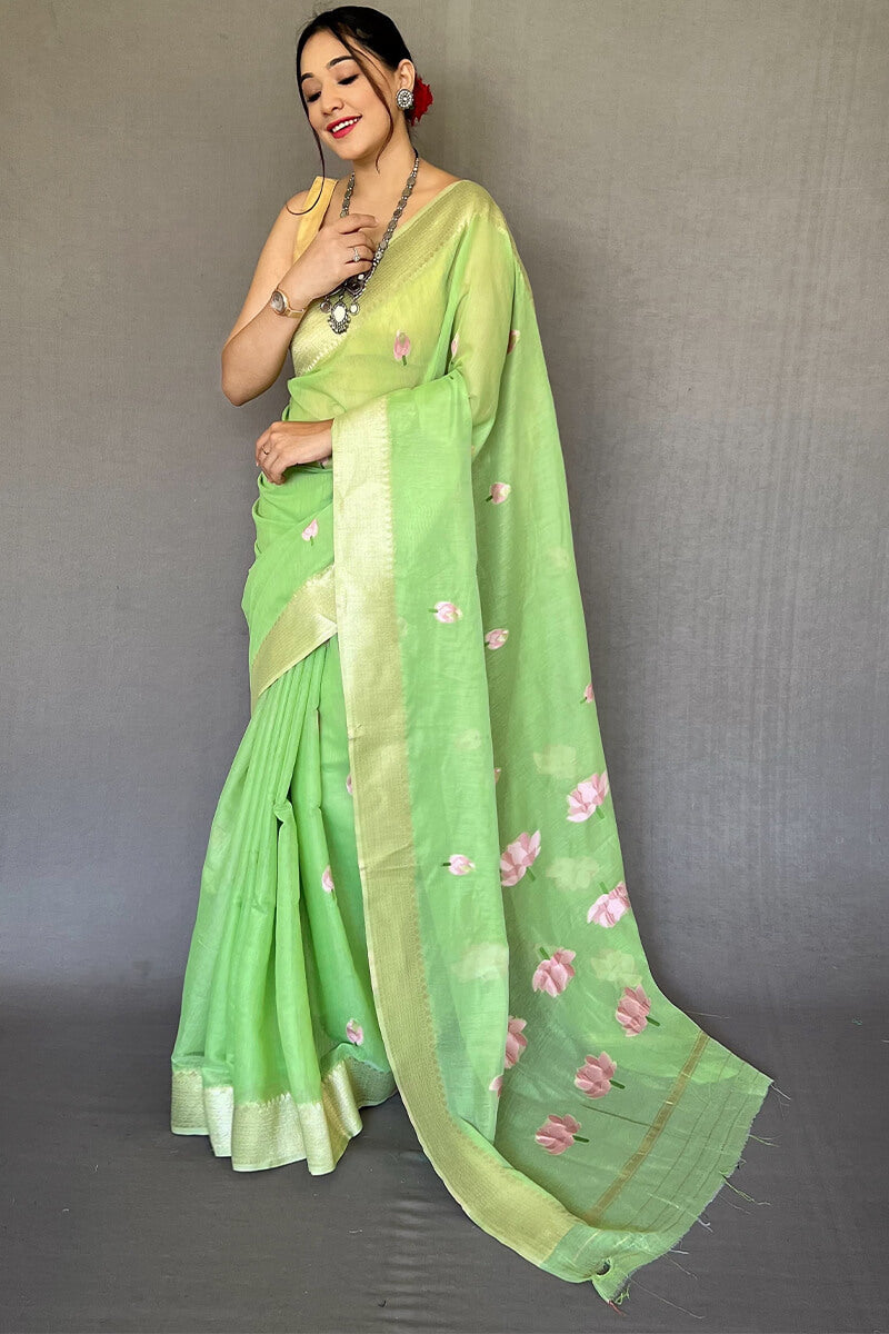 Slime Green Printed Linen Saree